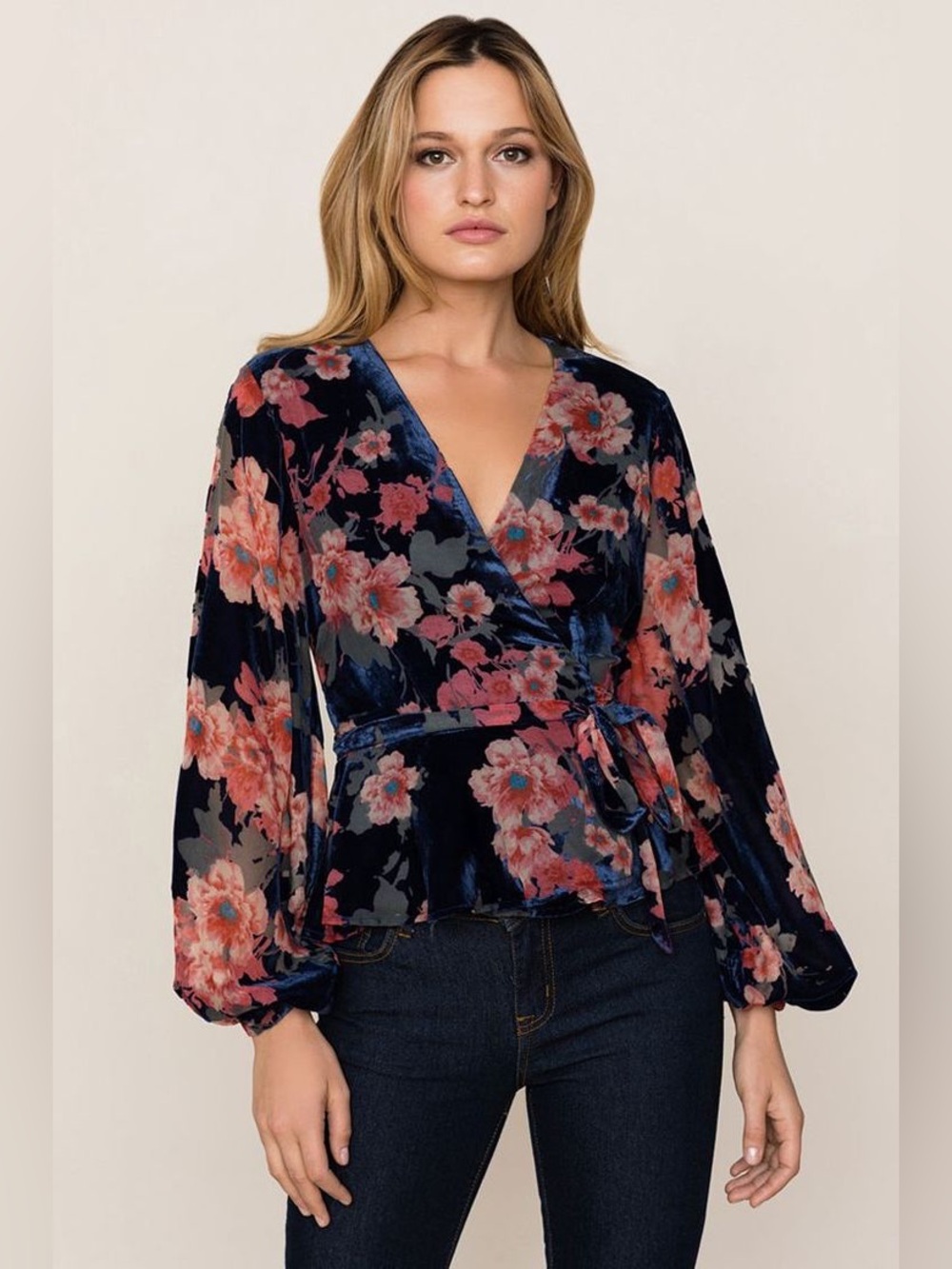 YUMI KIM Navy and Pink Floral Velvet and Sheet Wrap Blouse